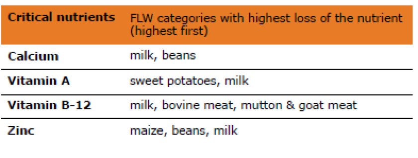 Table 1: Food product categories for which the FLW have highest share for the most critical nutrients